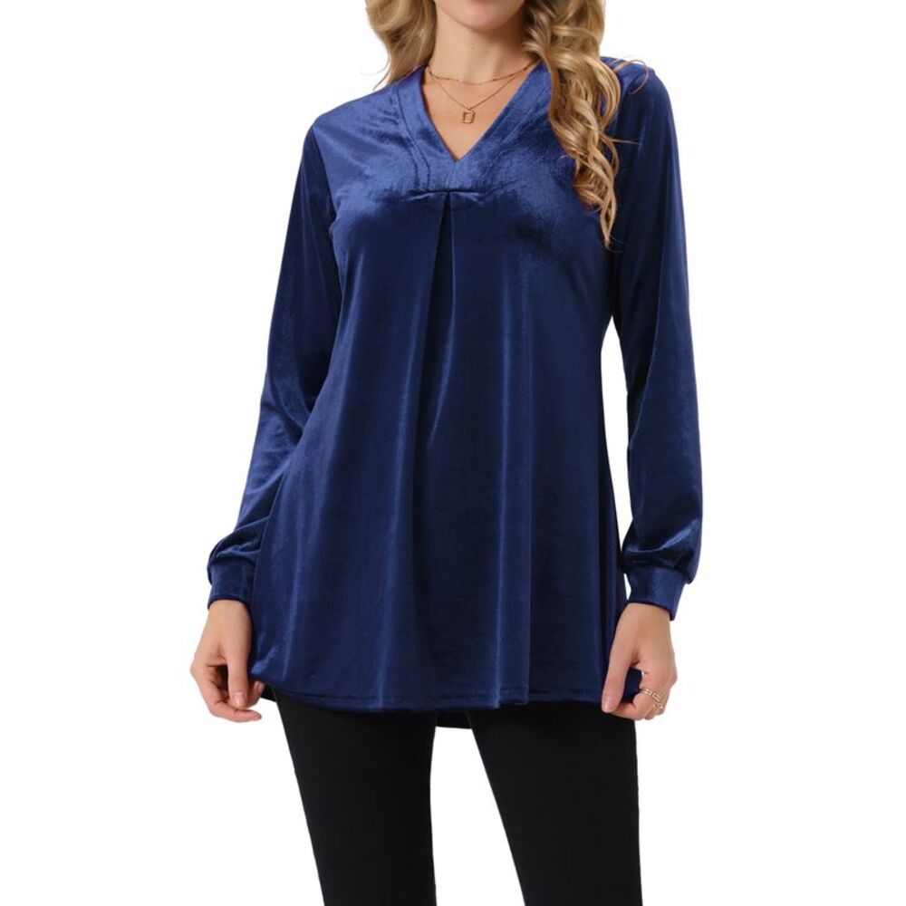 Velvet Top V Neck Long Sleeves Solid Casual Tunic Blouse T-Shirt Dark Blue